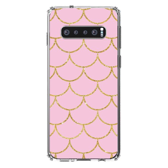 DistinctInk Clear Shockproof Hybrid Case for Samsung Galaxy S10  PLUS(6.4" Screen) - TPU Bumper, Acrylic Back, Tempered Glass Screen Protector - Pink & Gold Print - Scalloped Pattern