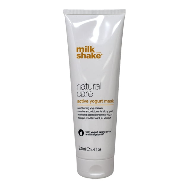 Milk Shake Natural Care Active Yogurt Mask 8.4 Oz in a white tube with gold and black text. This hair treatment deeply hydrates and strengthens with yogurt amino acids and Integrity 41, leaving hair soft and manageable.