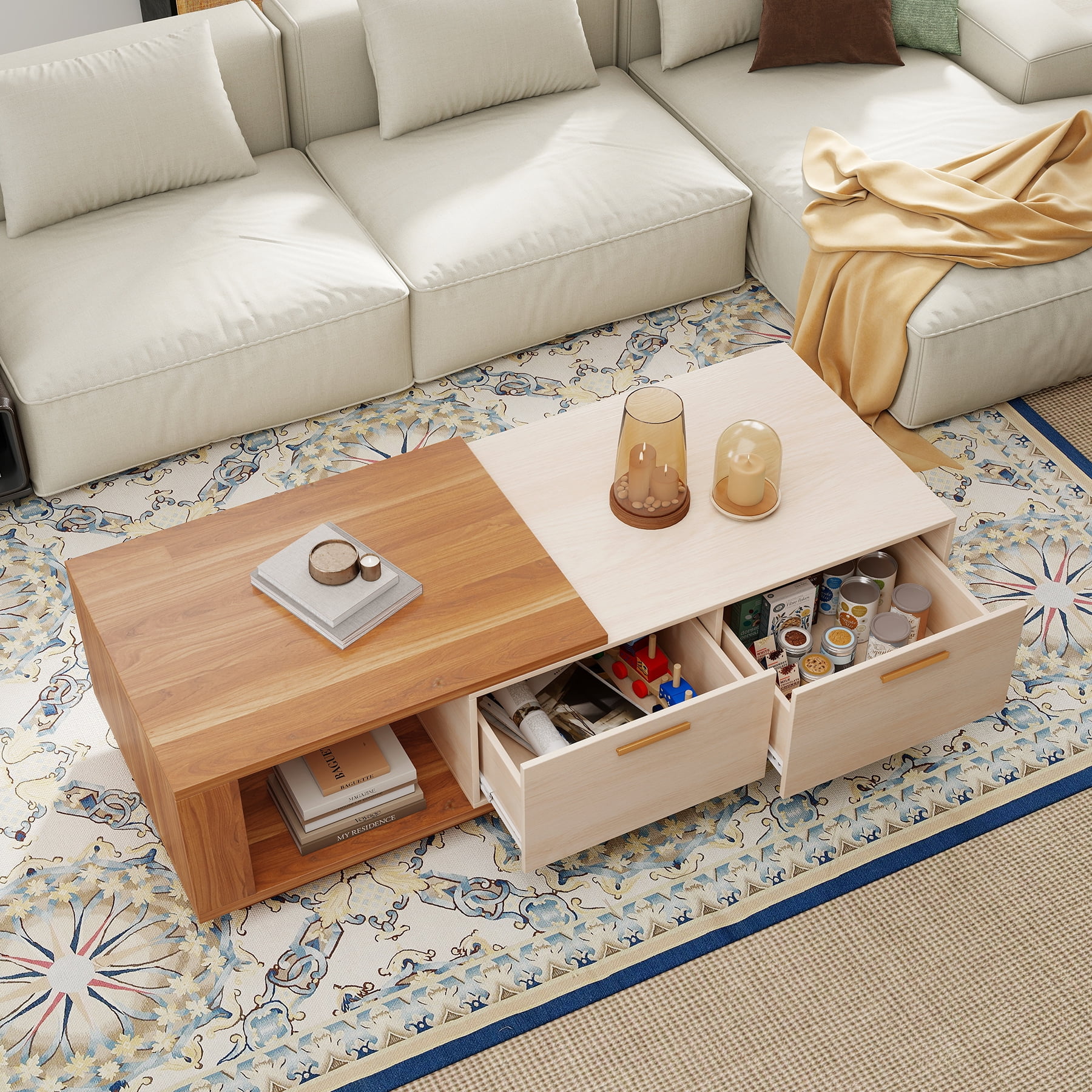 Expandable Coffee Table with Storage, 42''-65'' Two-Tone Wood Coffee Table with 2 Drawers for Living room