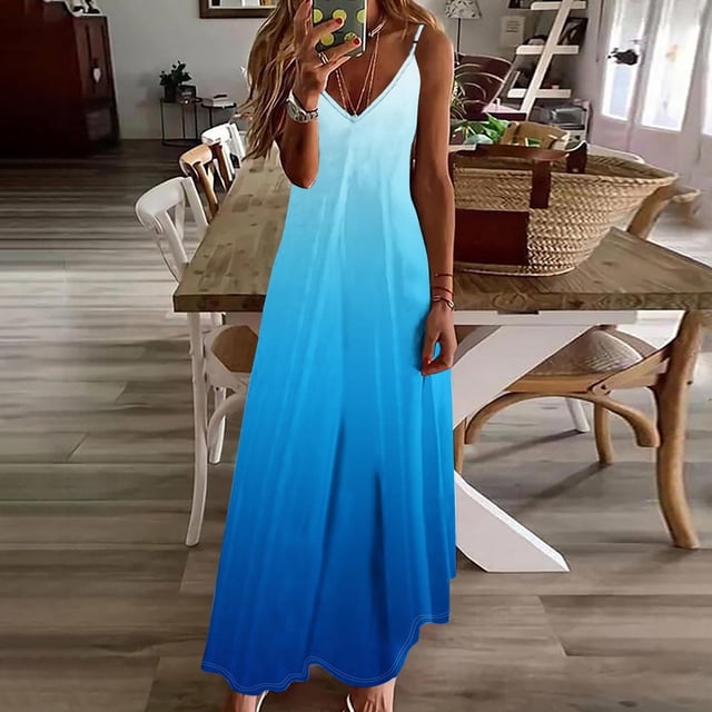 Robes d'Été pour Femmes en Liquidation à Moins de 10$! Cagogo Robe Maxi Décontractée d'Été pour Femmes Fluide Boho Bretelles Spaghetti Robe Ample de Vacances Dégradé Sans Manches Col en V Robes de Collation des Grades Tendance