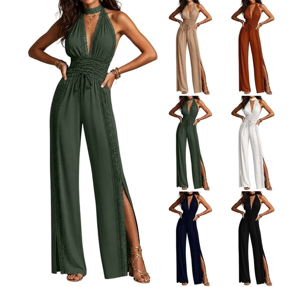 Aimik Jumpsuits for Women Trendy Sleeveless Halter Ruched Wide Leg Jumpsuits Fall Fashion Dressy Womens One Piece Rompers for Vacation