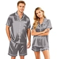 thumbnail image 2 of VV AVEORS Satin Matching Pajamas Sets Couple Silk Button Down Nightwear Women & Men Short Sleeve Sleepwear 2 Pieces Loungewears Dark Gray 3XL, 2 of 8