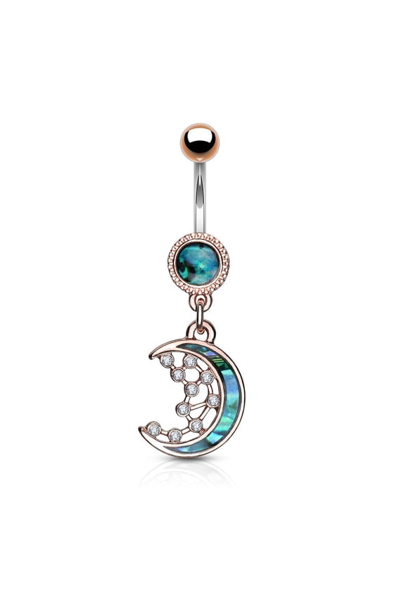 14G Mother of Pearl Crescent Moon CZ Stars Belly Button Ring Surgical Steel Navel Barbell Piercing Jewelry (Rose Gold-Tone)