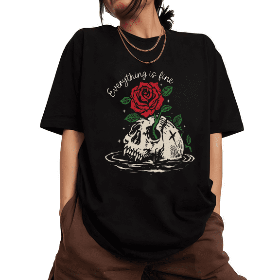 UNISHE Womens Everything Is Fine Skull And Red Rose Graphic Short Sleeve T-Shirt S-5XL Black Tops