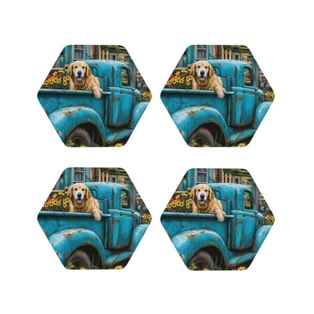 

Junzan Vintage Pickup Sunflower Dog Print Coasters for Drinks - Leather Coasters Set of 4 for Coffee Table for Housewarming/Kitchen/Bar/Decor-Hexagon