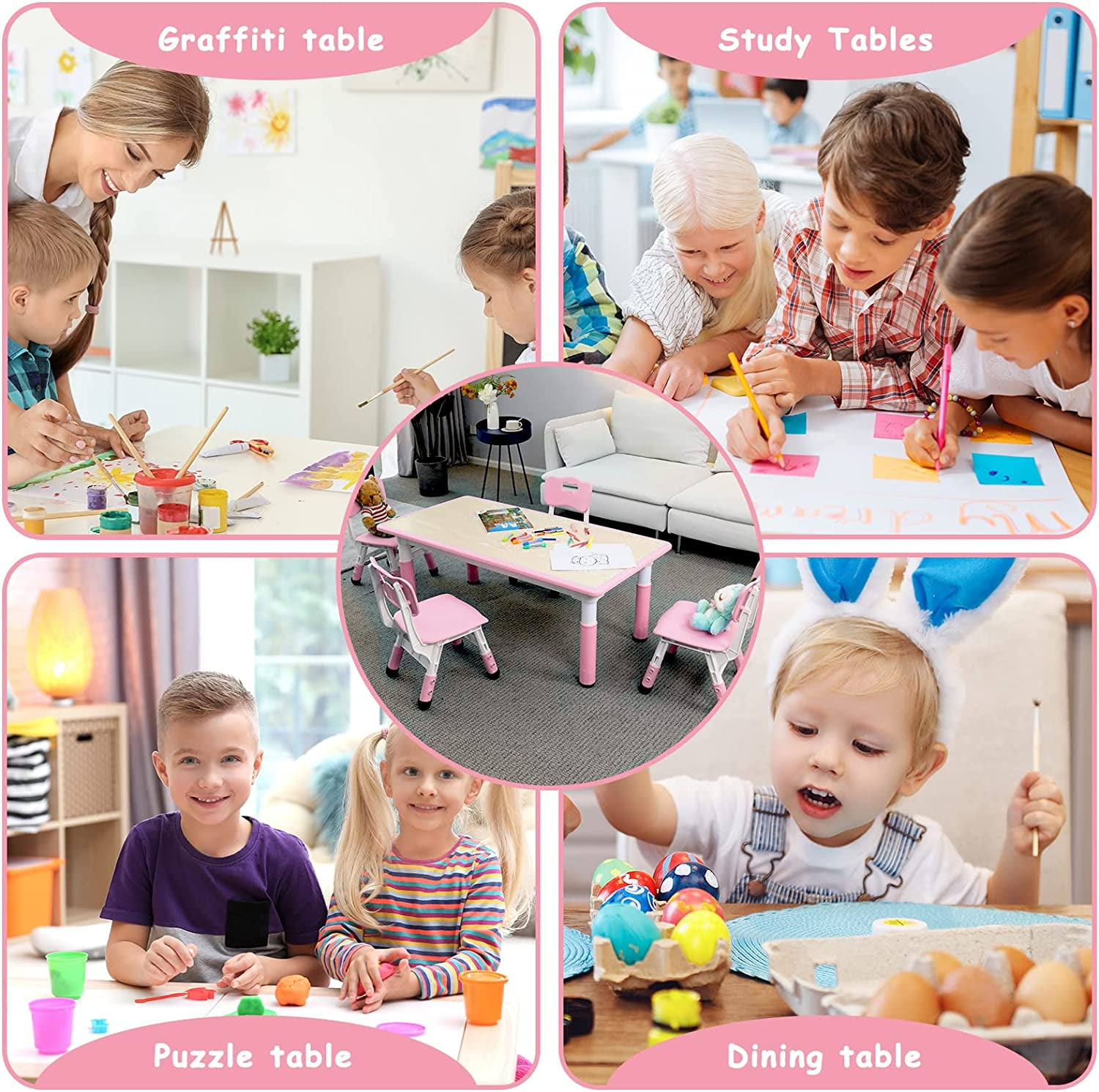 Arlopu Toddler Table & 4 Chairs Set, Height Adjustable Kids Multi Activity Table and Chairs for Drawing, Reading, Studying, Pink