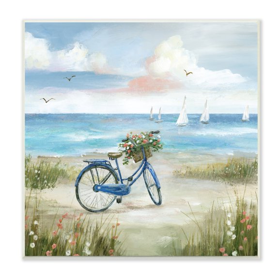 Stupell Industries Charming Blue Bicycle Floral Bouquet Distant Beach Sailboats Paintings Unframed Art Print Wall Art, 12x12, by Nan