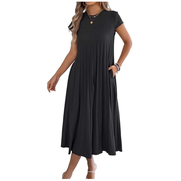 MOJOGO Dresses for Women Short Sleeve Round Neck Midi Dress Summer Pleated Dress with Pockets A Line Casual Dress Black M
