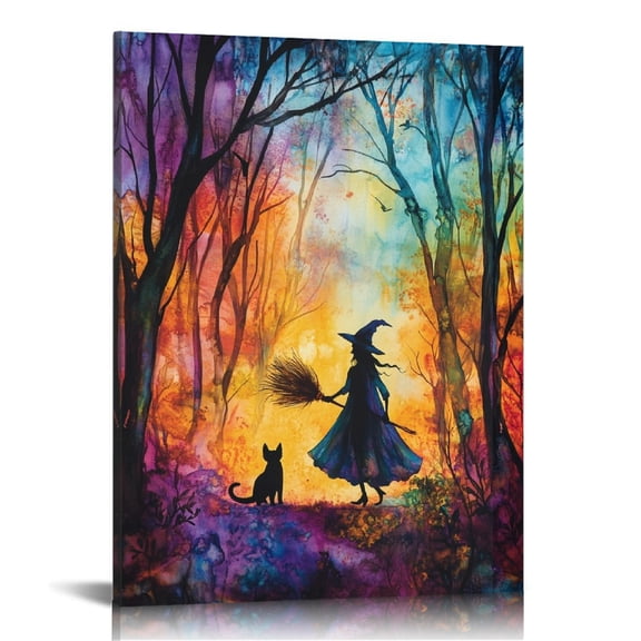 Vintage Halloween Black Cat and witche Canvas Wall Art Painting,Gothic Print Pictures for Home Wall Decor Horror Creepy Dark Posters for Living Room Home Halloween Party Decor Framed