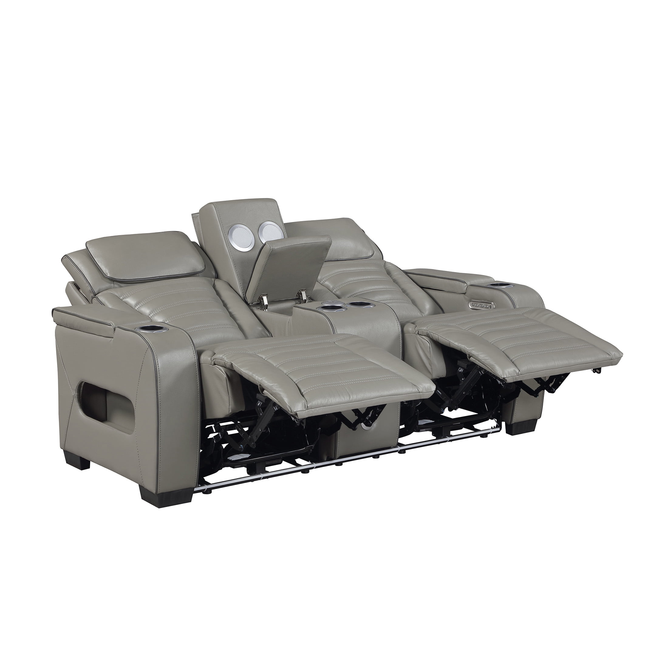 OakvillePark Elantra Leather Match Power Double Reclining Love Seat with Center Console/Power Headrests/Storage Arms/Cup Holders/Wireless speakers/Air Massage/Heat/LED Lighting/Charging Ports, Gray