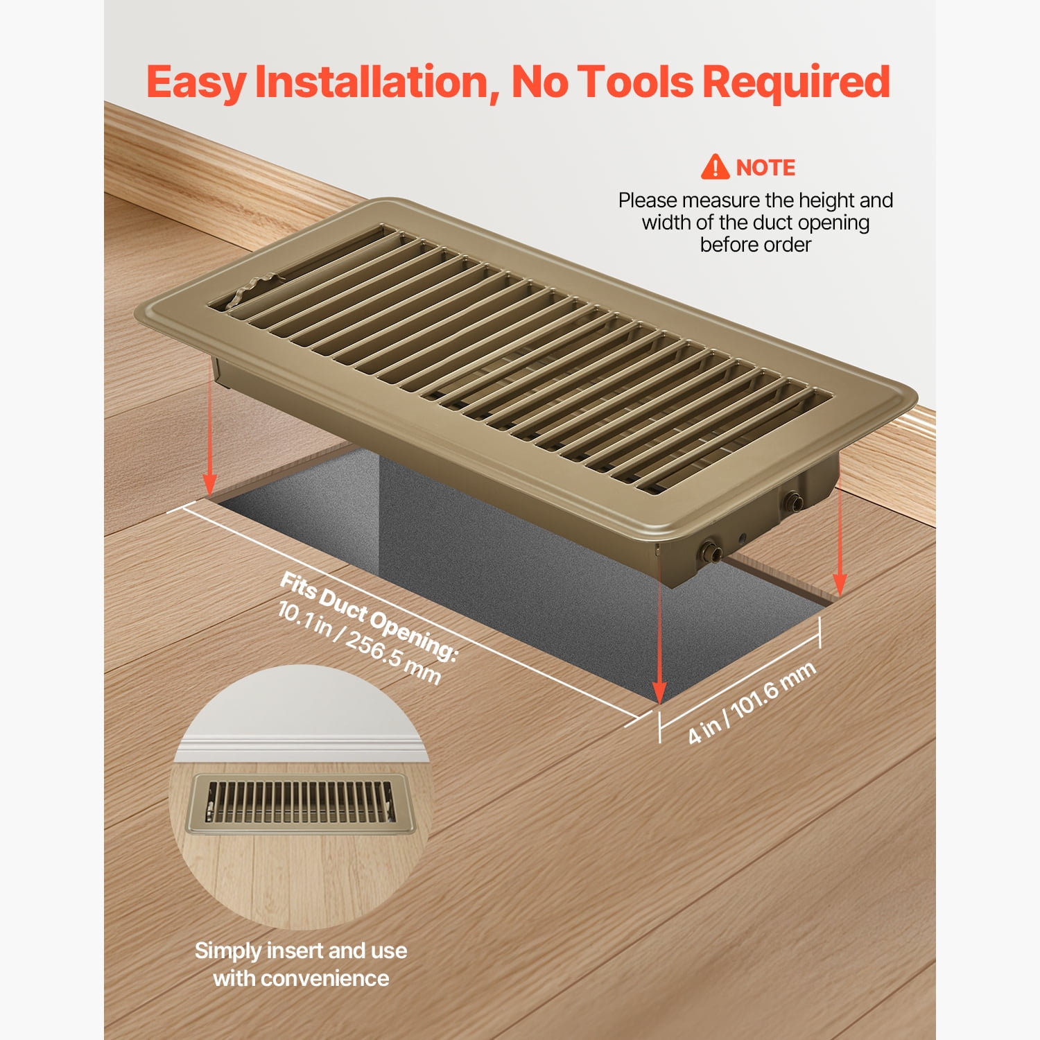 KFFKFF 4 x 10 Inch Floor Registers, 6-Pack Vent Covers, Durable Iron Floor Vents for HVAC Systems, Adjustable Rust-Resistant Airflow Control with Metal Damper