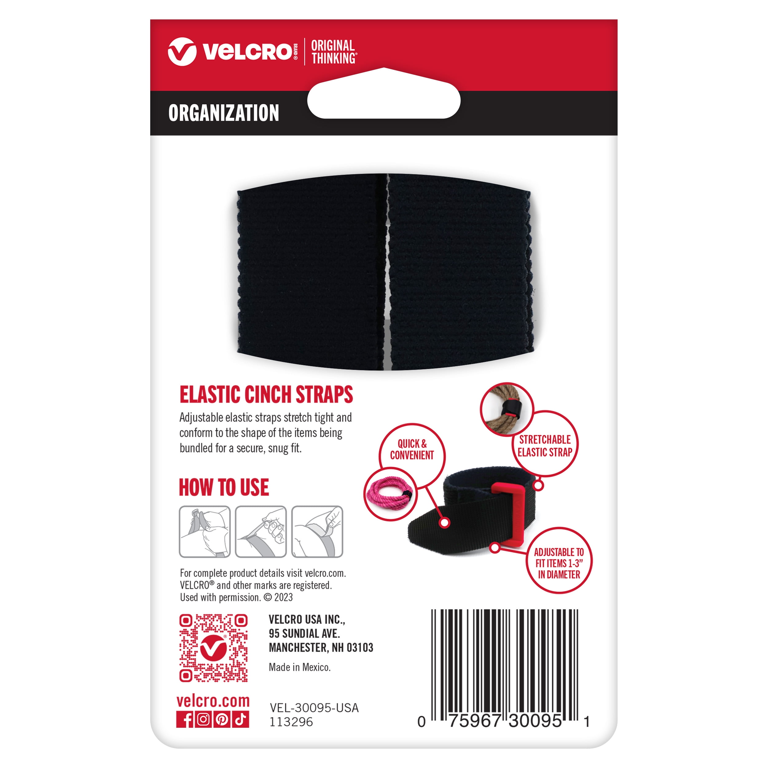 VELCRO Brand Black Elastic Cinch Strap For Hoses, Cords, Camping Supplies, 8"x1" with Red D Ring 2ct