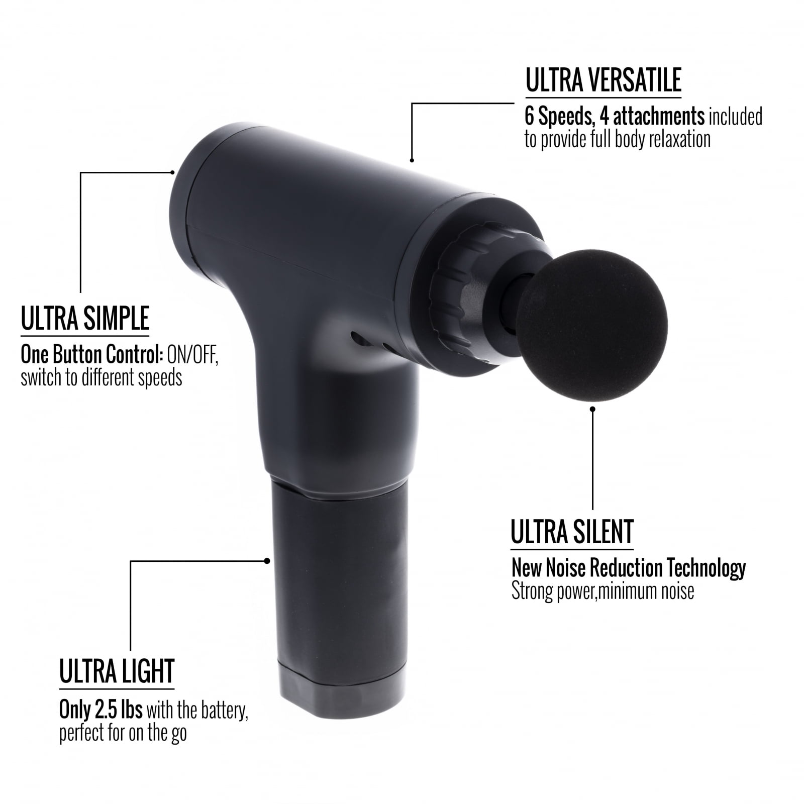 Beille Portable 6 Speed Massage Gun Handheld Massager Muscle Recovery with 4 Attachments