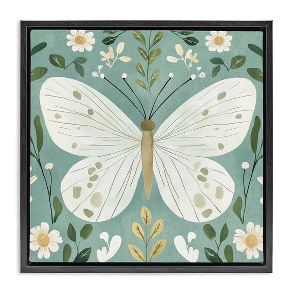 Stupell Industries Teal Butterfly Garden with Daisies Black Framed Floater Canvas Wall Art, design by Petal Prints Design