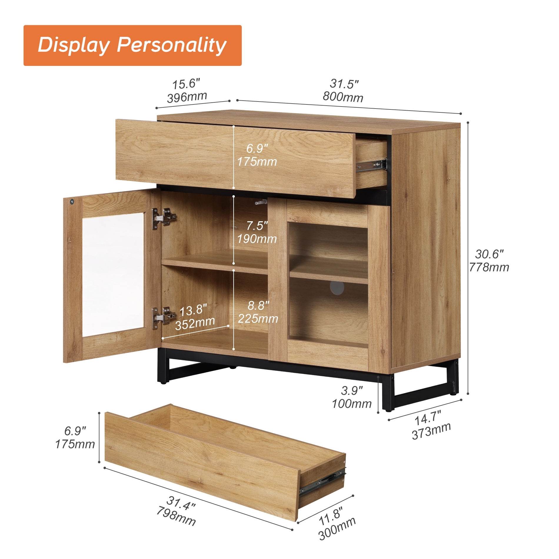 Modern TV Stand with Tempered Glass Doors for 32-40 inch TVs, Entertainment Center Console with Single Drawer and Sturdy Metal Base