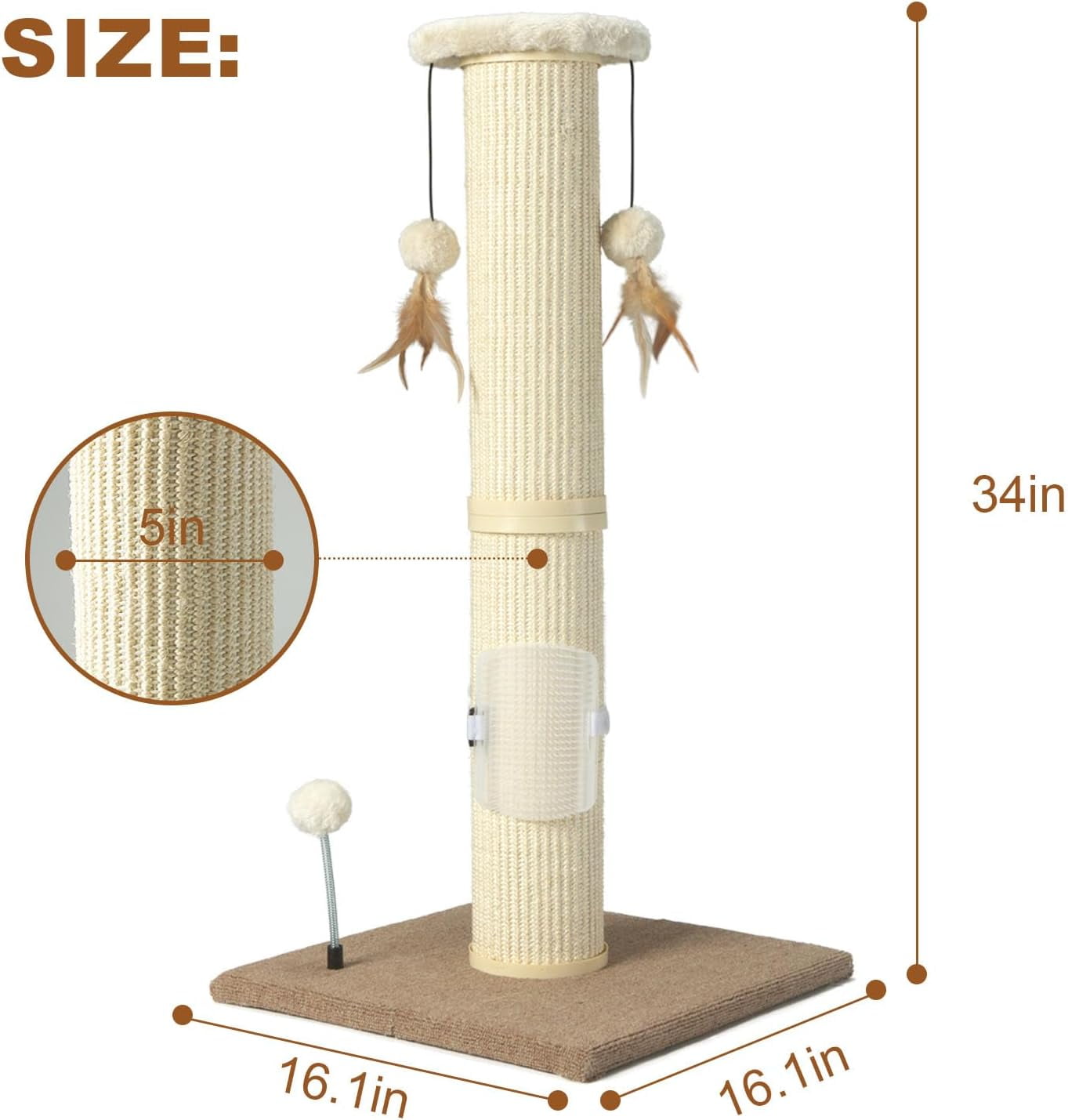 Cat Scratching Post,34" Tall Large Sisal Woven Scratch Posts for Cats,with Hanging Ball Toy and Self-Massage Brush,Vertical Scratcher,5 Inches Diameter,Beige