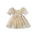 thumbnail image 1 of EYIIYE Kids Girl Summer Romper 0 3M 6M 12M 18M 24M Toddler Baby Casual Dress Short Puff Sleeve A-line Dress Bow Front Ribbed Bodysuit Newborn Tulle Hem Skirt Dress Princess Dress for Vacation Party, 1 of 8