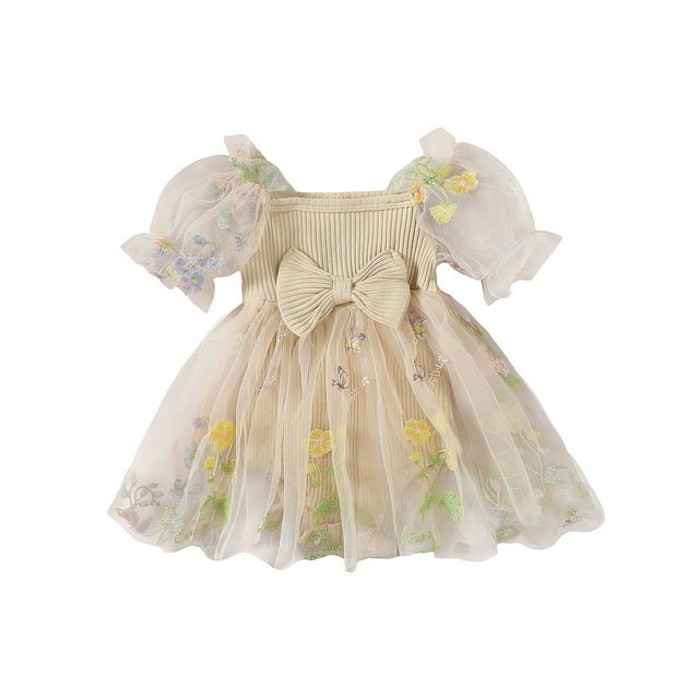 EYIIYE Barboteuse d'Été pour Fille 0 3M 6M 12M 18M 24M Robe Décontractée pour Tout-Petit Bébé Manches Courtes Bouffantes Robe Trapèze Justaucorps Côtelé à Nœud devant Jupe Ourlet en Tulle pour Nouveau-Né Robe de Princesse pour Vacances Fête