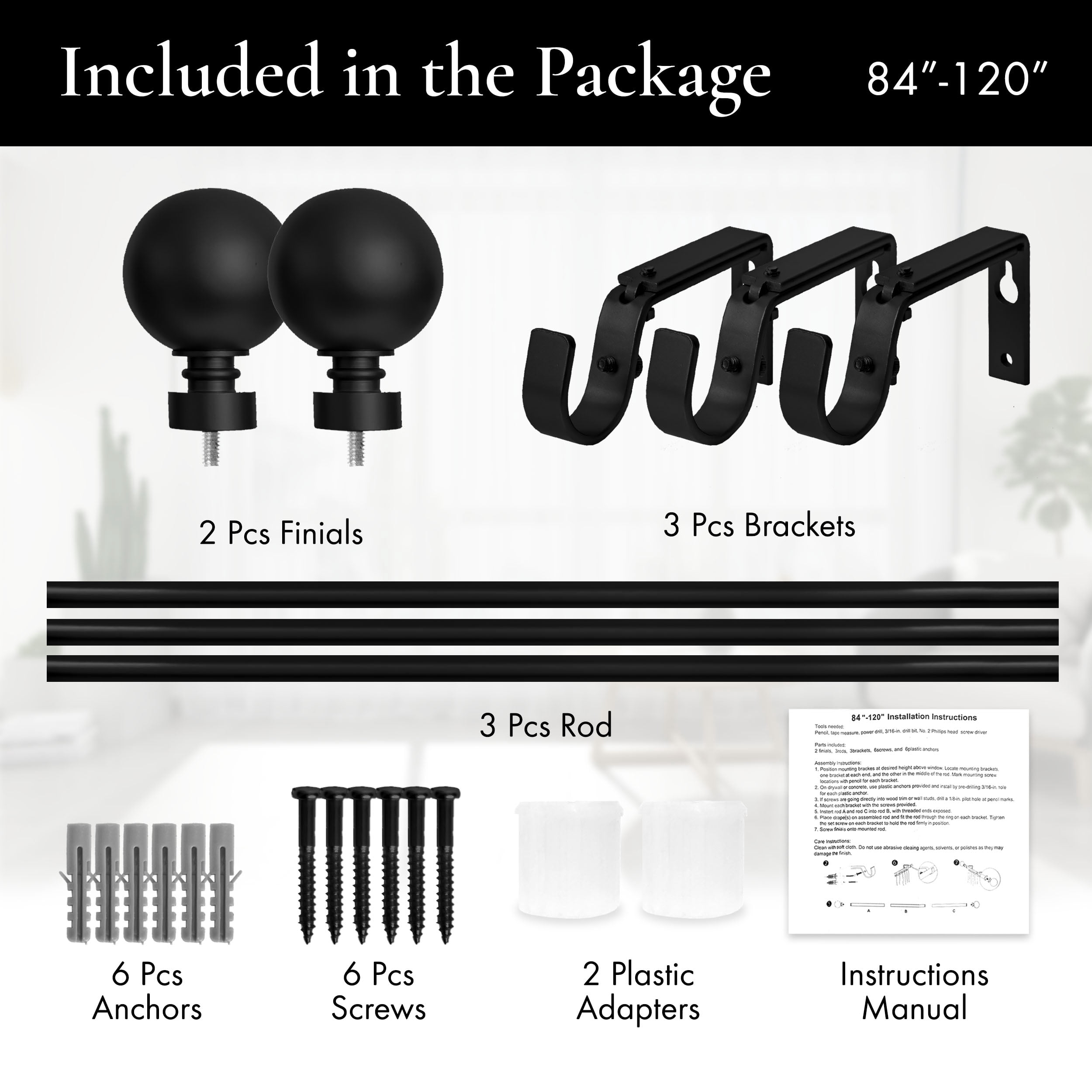 MERIVILLE 1" Single Curtain Rod Set, Adjustable 84–120 Inches, Ball Finials, Black