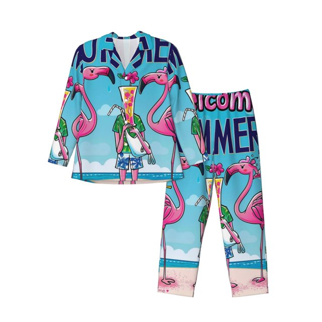 Balery Beach Flamingo Trio Pijama para Hombre de Dos Piezas con Manga Larga, Conjunto de Dormir y Descanso Suave con Bolsillos-Medium