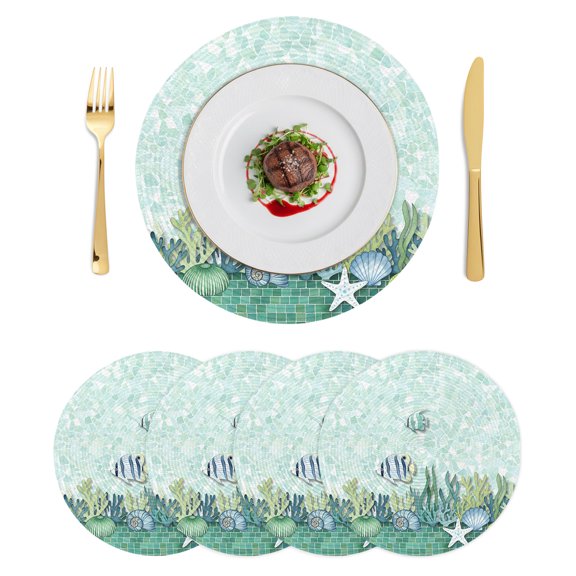Round Placemats Summer Coastal 15 inch Set of 4 Table Mats for Dining Table Green Corals Fish Starfish Ocean World Heat Resistant Non-Slip Kitchen & Home Decorative Place Mat Set