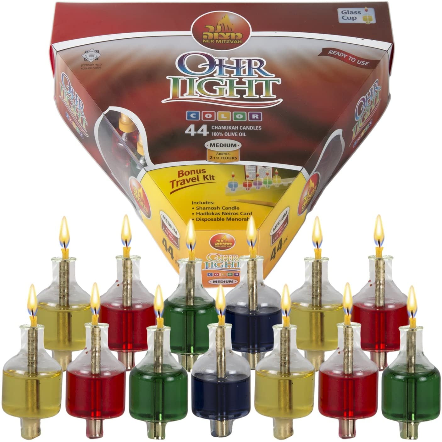 Ner Mitzvah, 2.5 Hour Pre Filled, Colored Chanukah Menorah Oil Candles