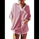 thumbnail image 3 of Conjunto de Suéter de Mujer de 2 Piezas, Top de Punto con Cuello en V y Mangas 3/4 Extragrandes, Pantalones Cortos de Cintura Alta, Conjuntos de Estar por Casa. Rosa XL, 3 of 8