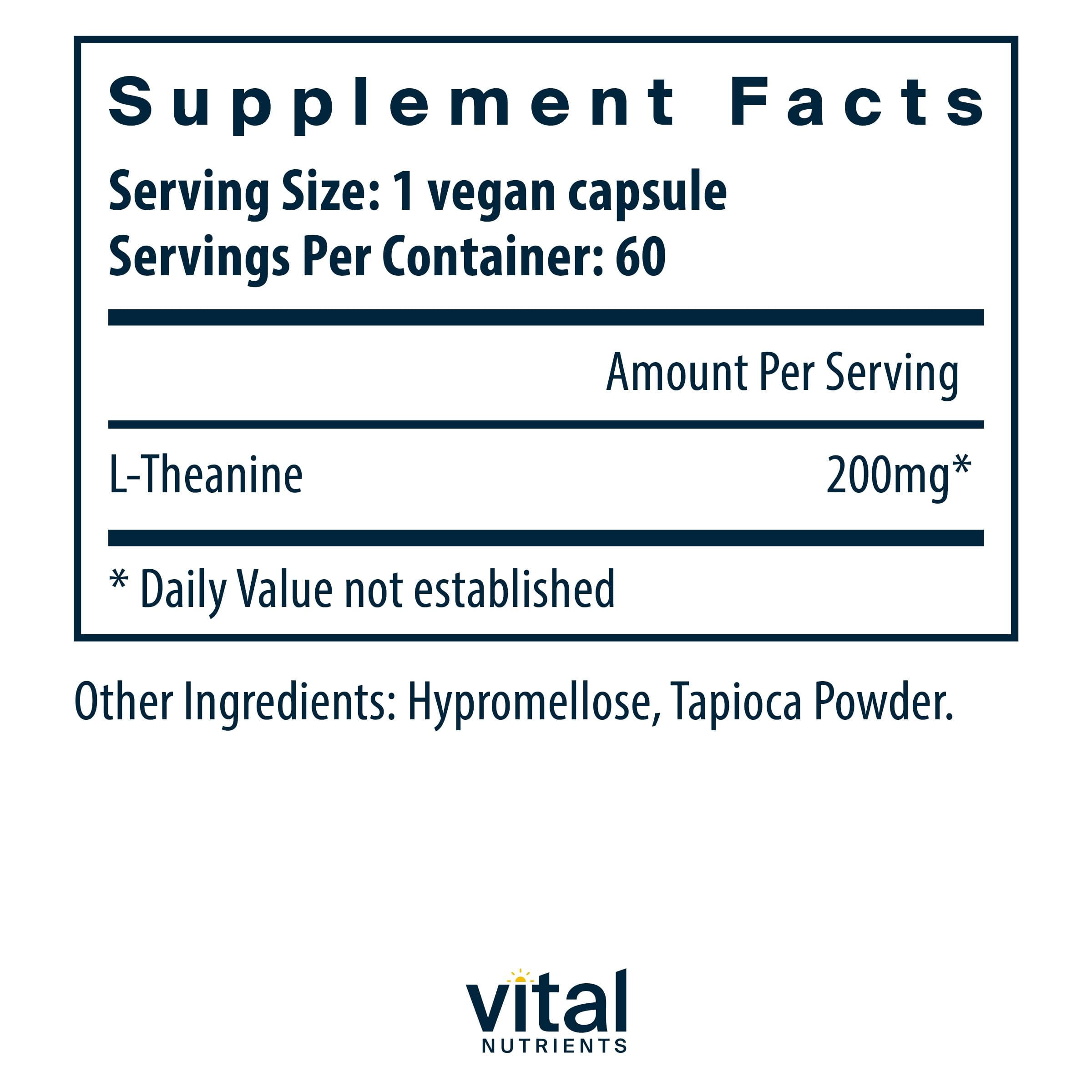 Vital Nutrients L-Theanine 200mg | Vegan Supplement | L Theanine Supplement Supports Normal Stress Levels and Cognitive Function | Gluten, Dairy and Soy Free | 60 Capsules