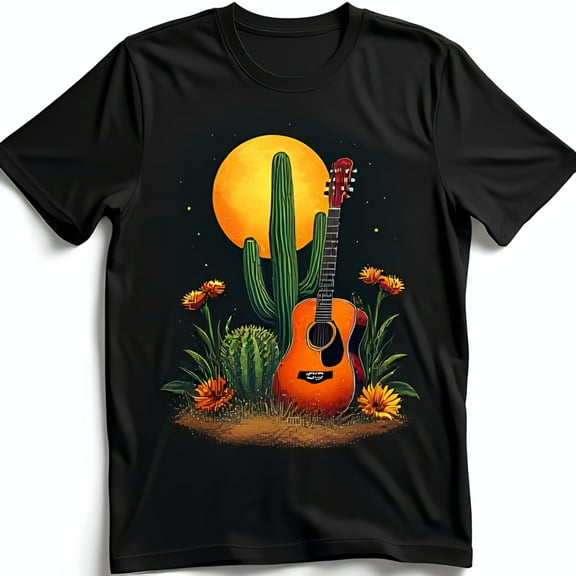 Vibrant and Cactus Sunset Graphic Black T-Shirt Southwestern Serenity