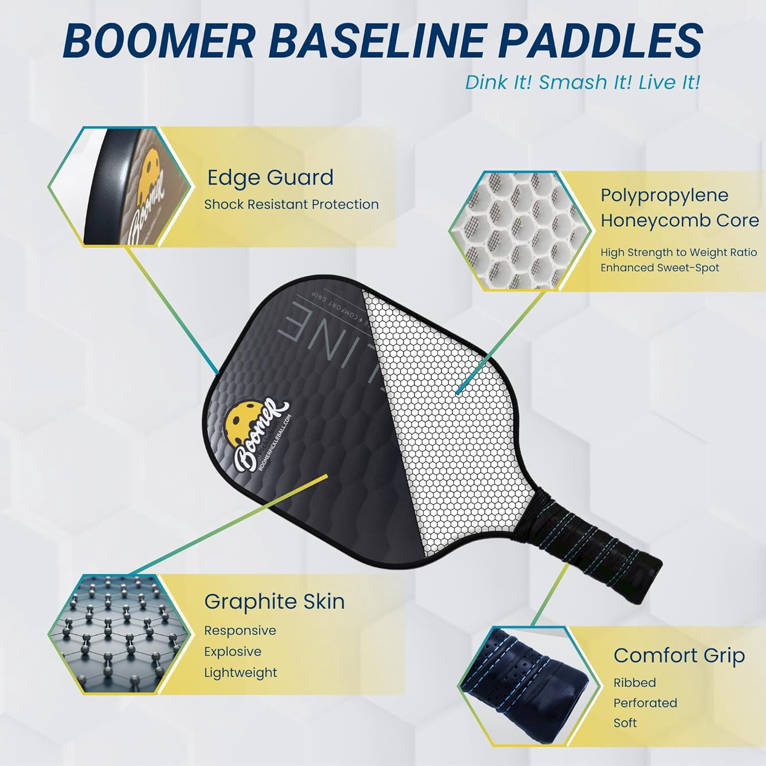 Boomer Baseline Pickleball Paddle Graphite Face with Polymer Honeycomb Core, Cushion Grip, Lightweight 7.8 oz