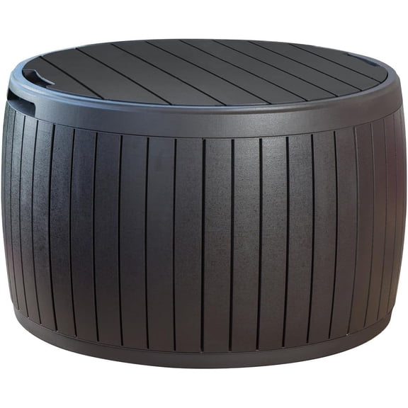 37 Gallon Deck Box Organizer, Works as Ottoman Chair or Side Table, Brown Large Resin Round Outdoor Storage and Seating for Garden, Pool, and Patio
