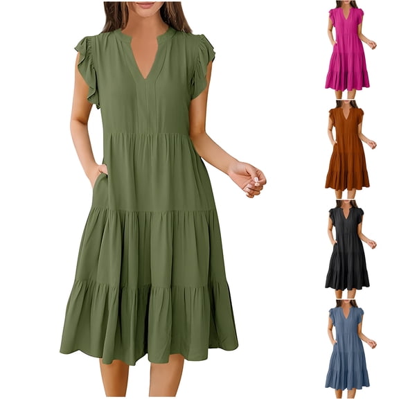 Abtuhar Womens Plus Size Summer Dresses ,Womens Dresses Trendy,Women's Summer Solid Color SleevelessV-Neck Dress