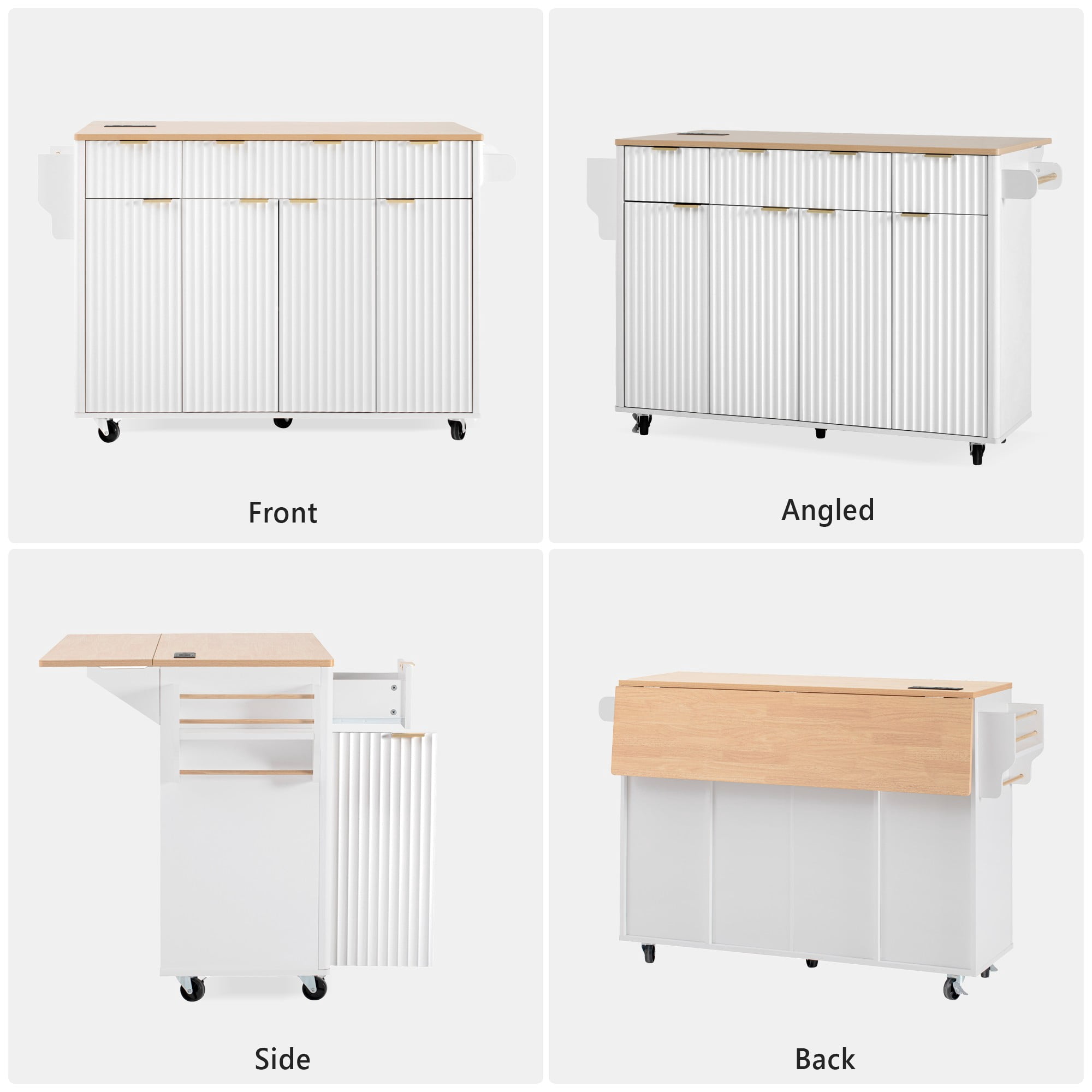 Fluted Kitchen Storage Island with Drop Leaf, Power Outlet, 55.5" Rolling Kitchen Cart with 4 Doors and 3 Drawers