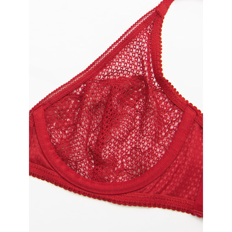 Deyllo Women's Christmas Sexy Lace Balconette Bra See Through Demi Unlined  Bras Mesh Sheer Underwire?Red 36C