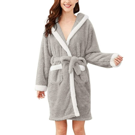 

AOOCHASLIY Bath Robes for Women Clearance Winter Hooded Plush Robes Ladies Lengthened Plush Shawl Bathrobe Long Sleeve Robe Coat Robes