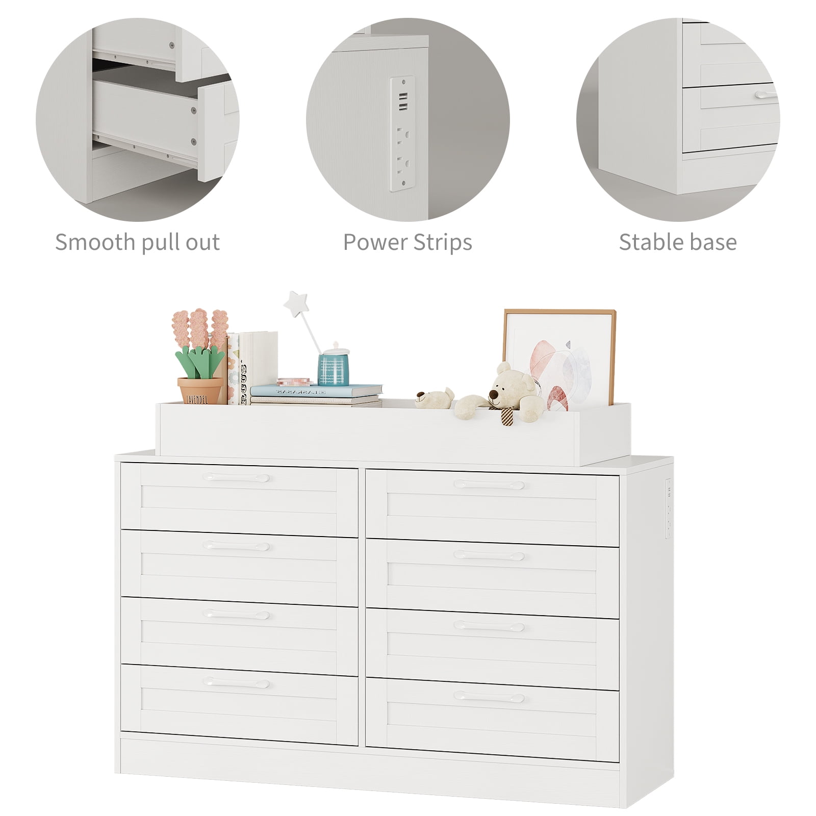 Baby Changing Dresser w/Power Outlet & Safety Rail, 8-Drawer Storage Organizer, Convertible Nursery Dresser with Anti-Tip Strap