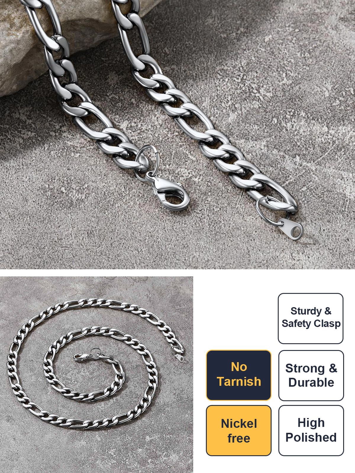 U7 Mens Figaro Chain 9MM Stainless Steel Men Women Silver Tone Trendy Necklace 22 Inch Birthday Gift