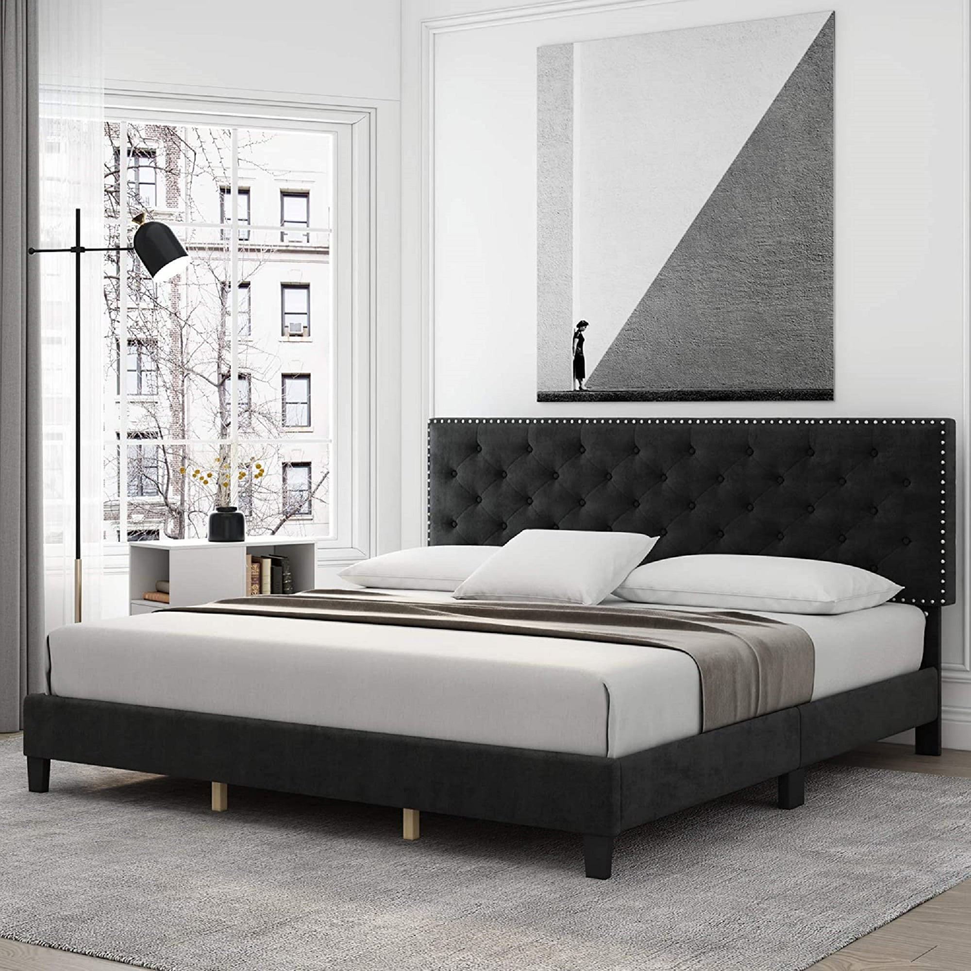 Homfa King Size Bed with Headboard, Modern Upholstered Platform Bed