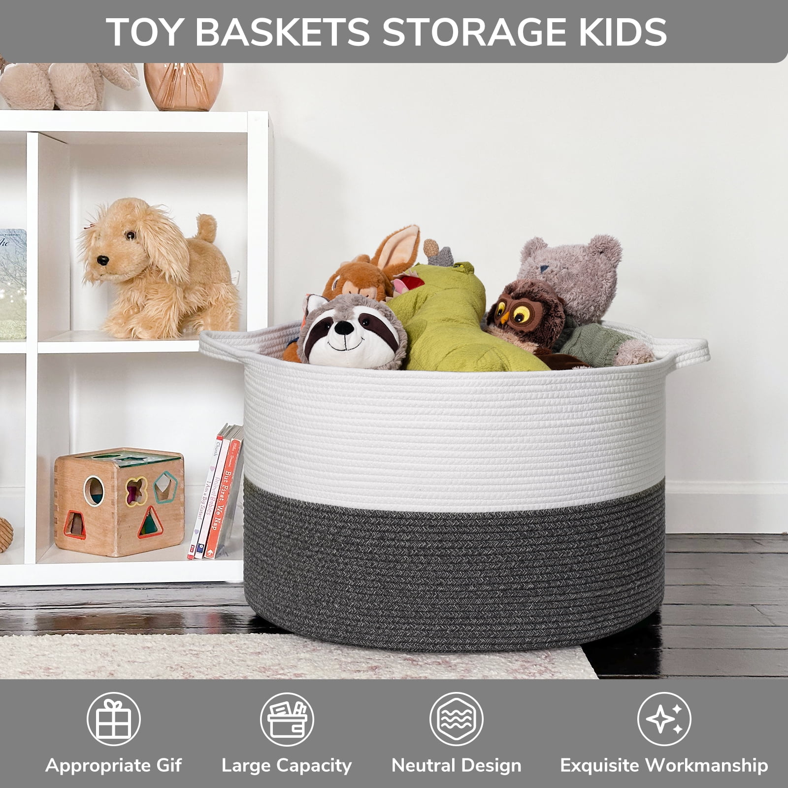 Timeyard Large Woven Laundry Hamper Basket - Decorative Storage Organizer for Living Room, Holds Toys Pillows Blankets Clothes - 21.7" x 21.7" x 13.8"-gray