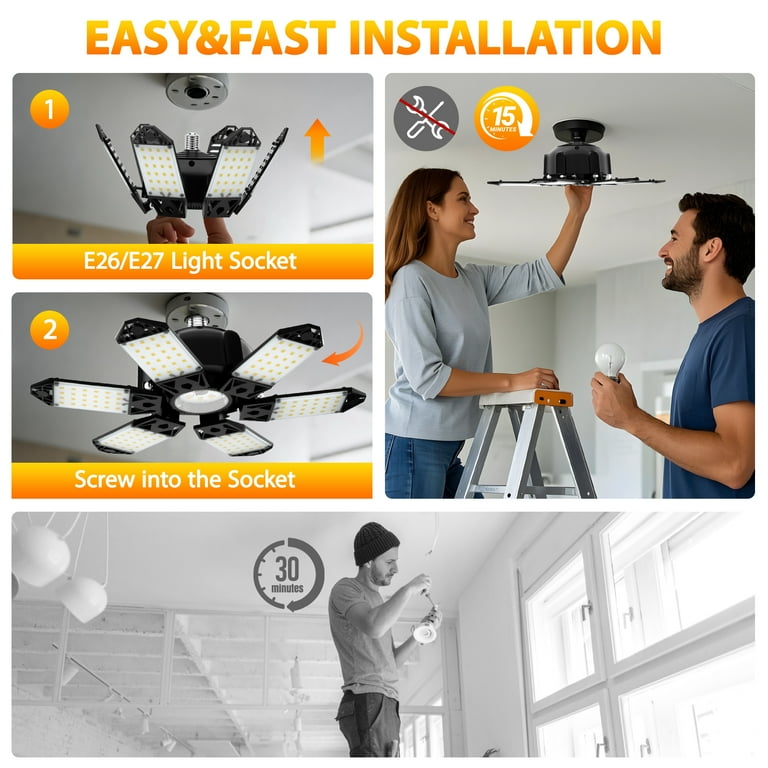 2 Pack Super Bright 32000LM LED Garage Ceiling Light – 6500K, 6+1 Deformable Panels, E26/E27 Screw-in, For Workshop, Attic, Warehouse