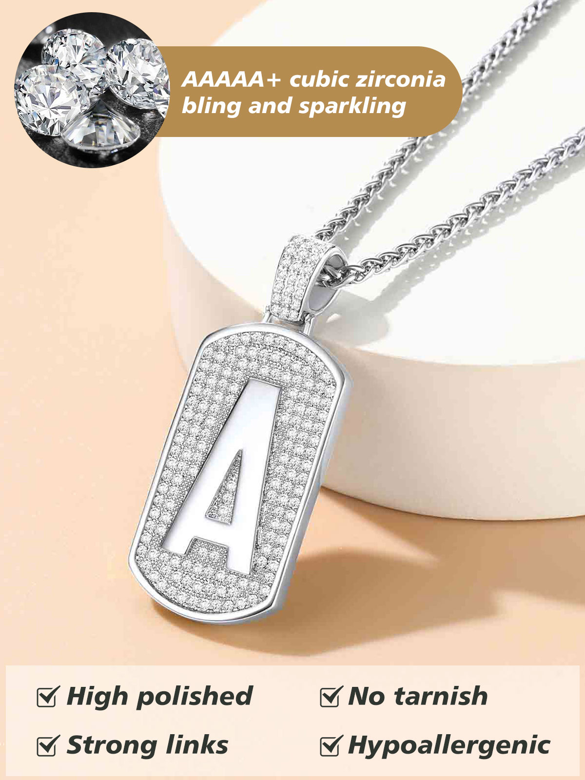 FindChic Dog Tag Necklaces for Men Women Initial Letter N Pendant Cubic Zirconia Platinum Plated Birthday Christmas Jewelry Gifts for Him Husband