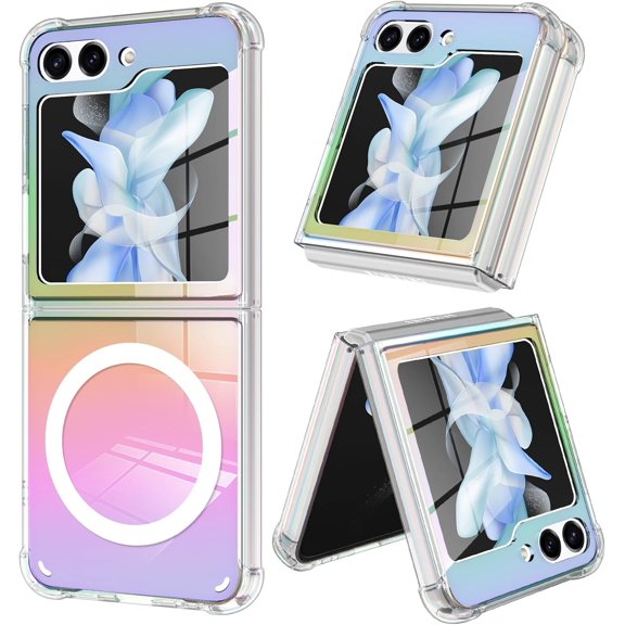 Magnetic for Samsung Galaxy Z Flip 5 Case [Compatible with MagSafe] Colored Crystal Clear Hard Back & Soft Bumper Protective Slim Thin Case for Galaxy Z Flip 5 Case, Colored Crystal Clear