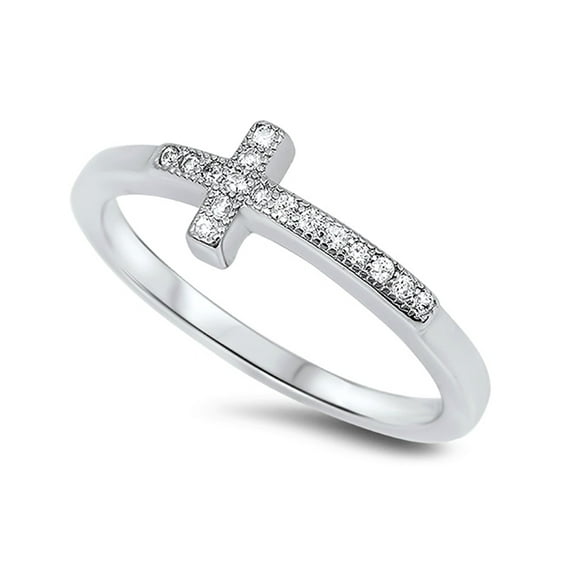 Christian Sideway Cross Cubic Zirconia Ring Sterling Silver 925