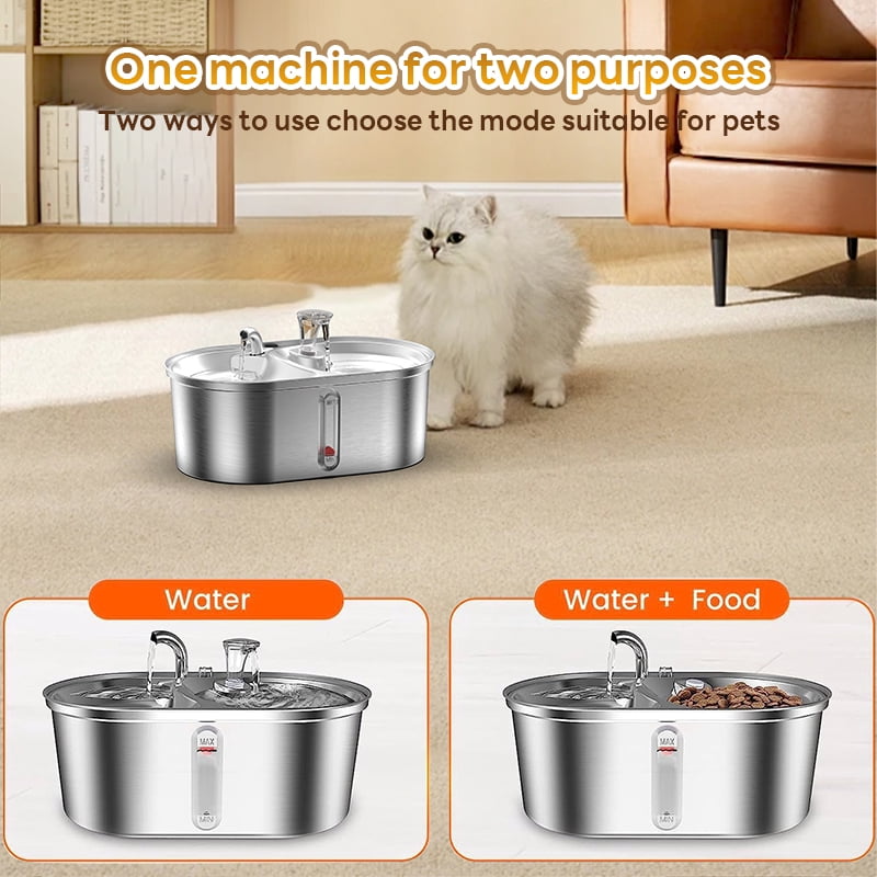 Cat Water Fountain Food Bowl Stainless Steel 2 in 1, 101oz/3L Automatic Pet Water Fountain, Dog Water Dispenser with Smart Pump 2 Filters for Cats, Dogs, Multiple Pets