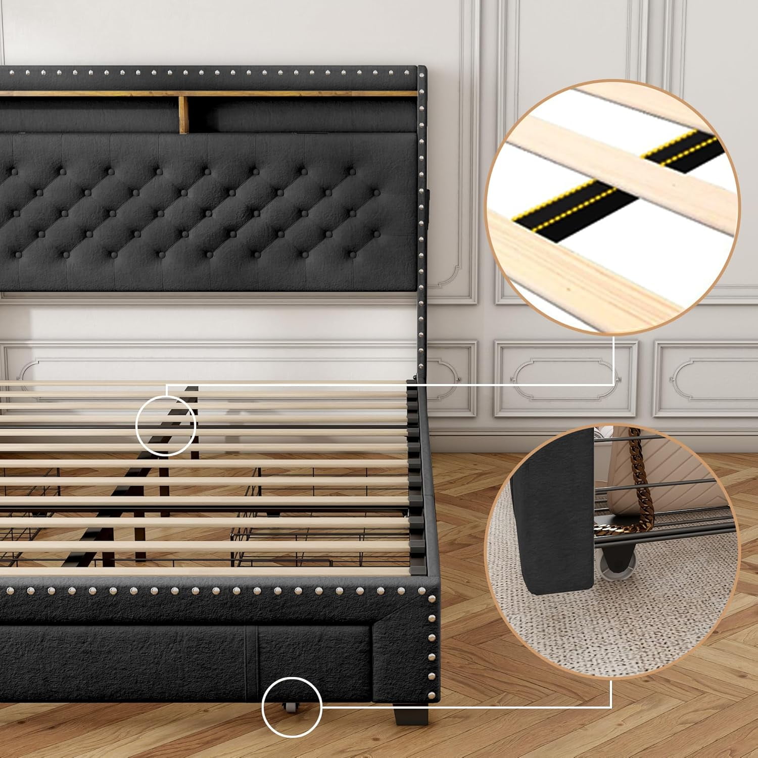 Pipleo Full Size Bed Frame with headboard, Full Bed Frame with 3 Drawers, Velvet Upholstered Platform Bed Frame with Storage, LED Lights and Charging Station