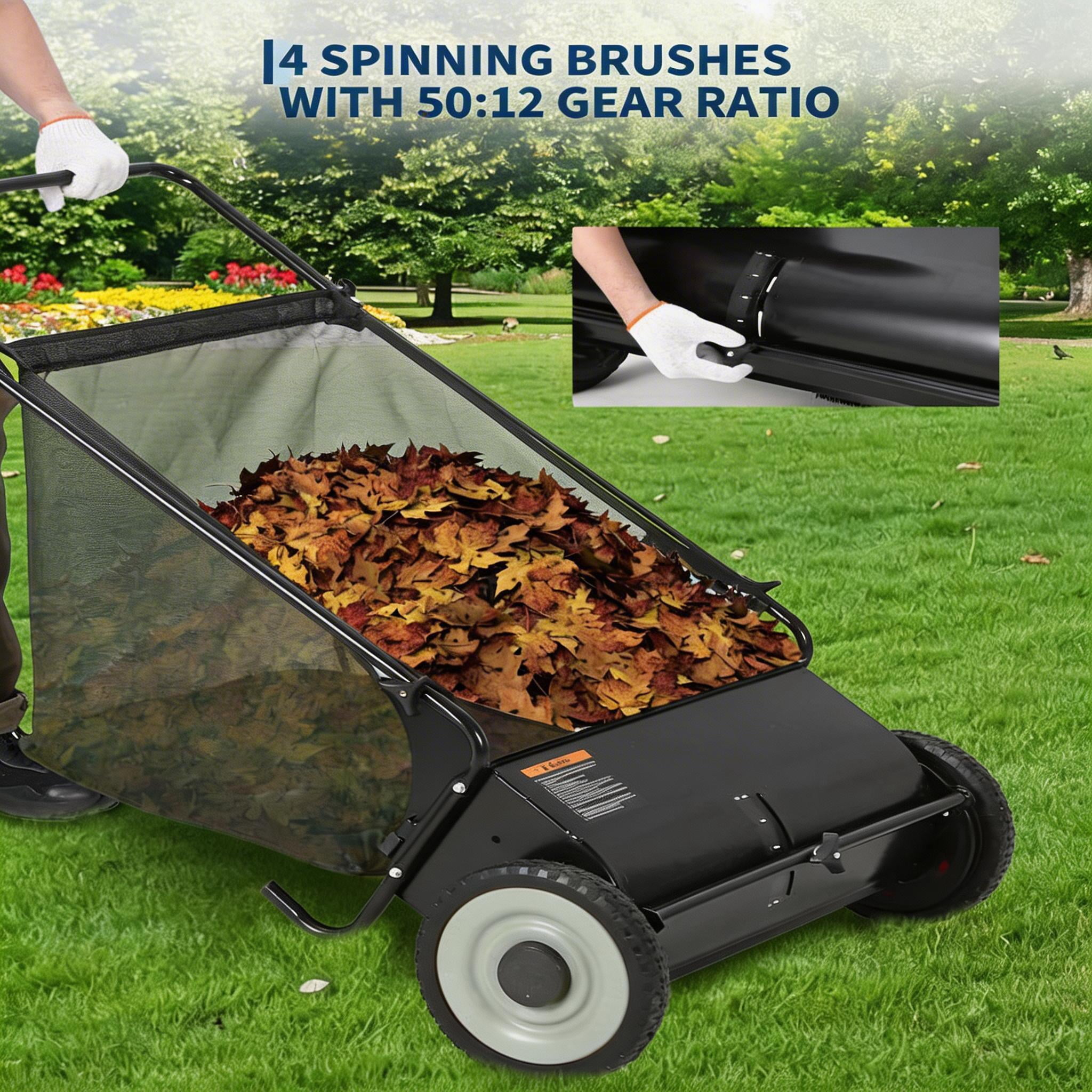 21 Inch Heavy Duty 4-Brush Push Lawn Sweeper, 3.5 Cu.Ft Large Collection Bag for Yard, Garden Cleanup
