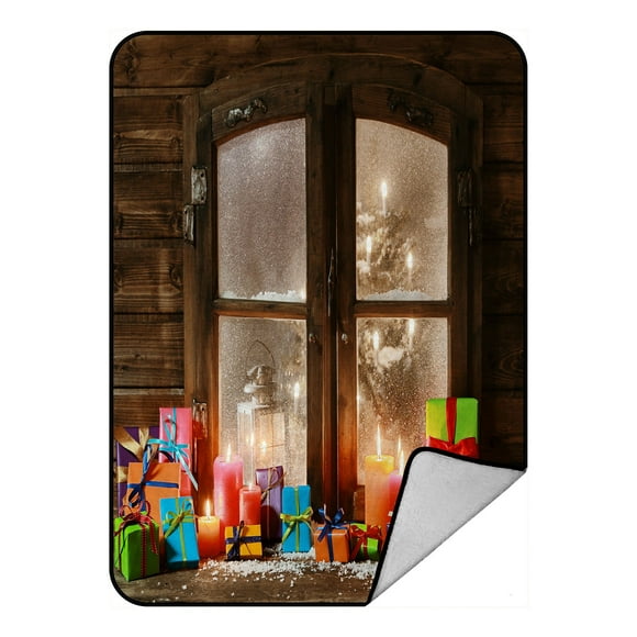 EREHome Christmas Presents Lighted Candles Window Pane Throw Blanket Fleece Blankets Plush Blanket 58x80 Inch