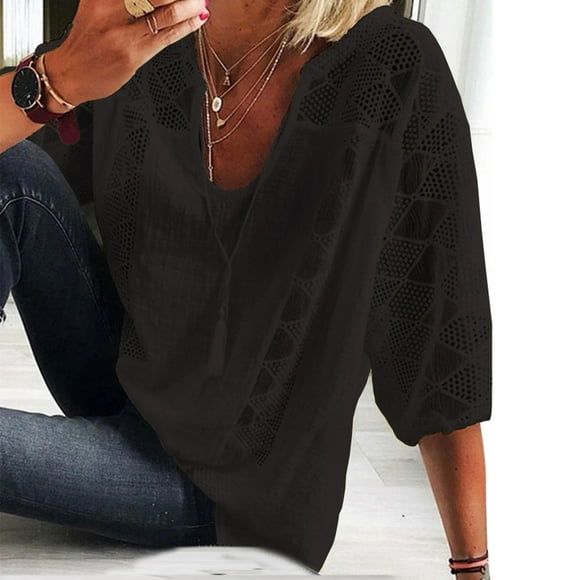 T-Shirt Ample pour Femmes à Col en V, Manches 3/4, Couleur Unie avec Dentelle et Coutures