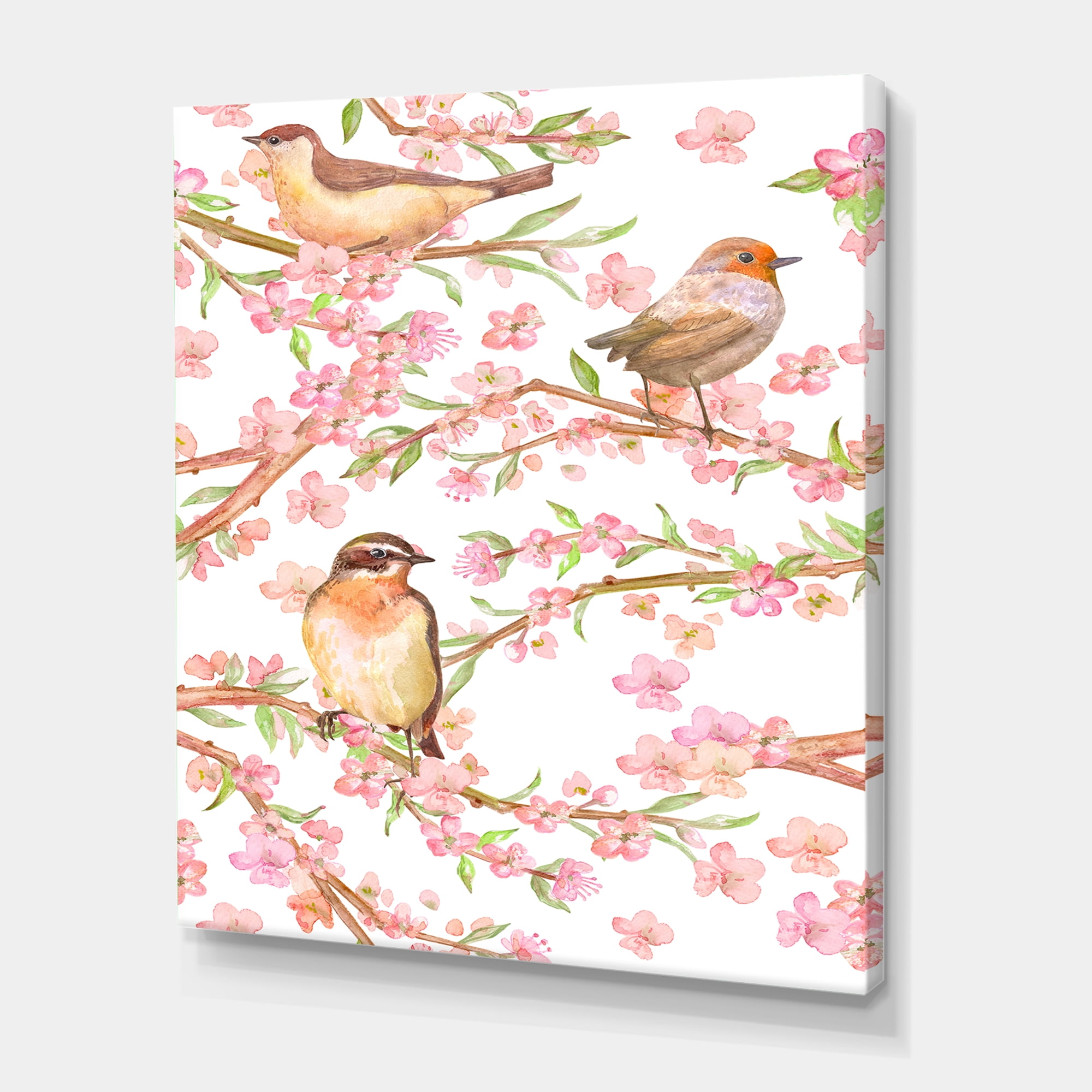 Designart ' Lovely Birds On Branches Of Flowering Almond ' Traditional Canvas Wall Art Print