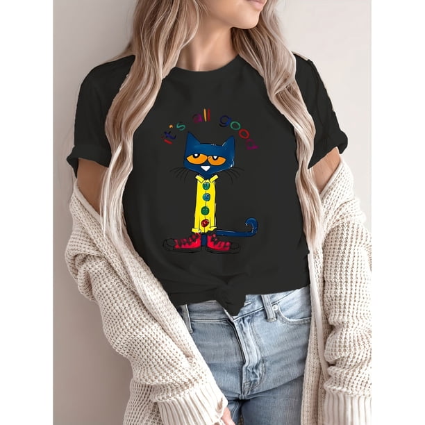 Women's Casual Cat Print T-Shirt - Cotton Blend, Knit Fabric, Crew Neck, Medium Stretch, Season-Neutral Cartoon Graphic Tee